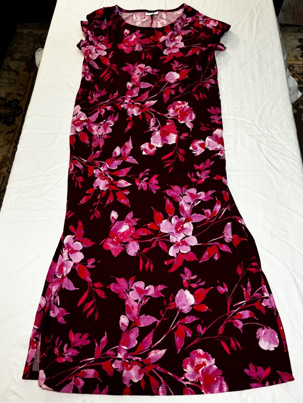 J. Jill Burgundy Midi Dress with Pink Floral Print Small petite